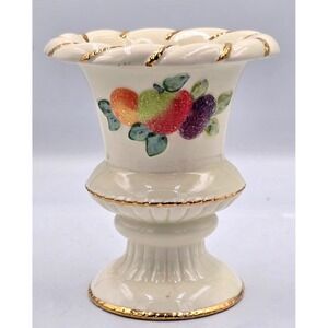 Vintage Sugared Fruit Ivory Ceramic Pedestal Candle Holder Gold Gilt Trim Single